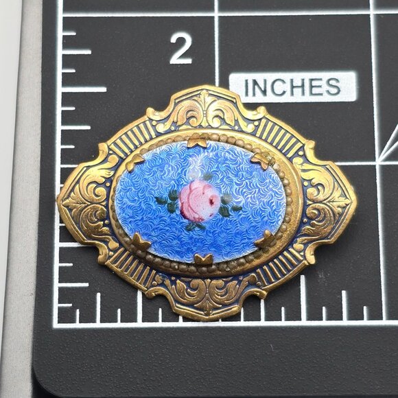 VTG Blue Guilloche Enamel w/ Pink Cabbage Rose Floral Pin Brooch 1.75" Gold Tone - Picture 6 of 6